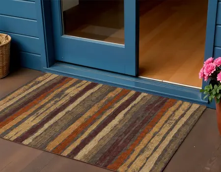 3' X 5' Chocolate Beige And Copper Striped Washable Indoor Outdoor Area Rug