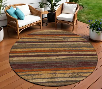 8' Chocolate Beige And Copper Round Striped Washable Indoor Outdoor Area Rug