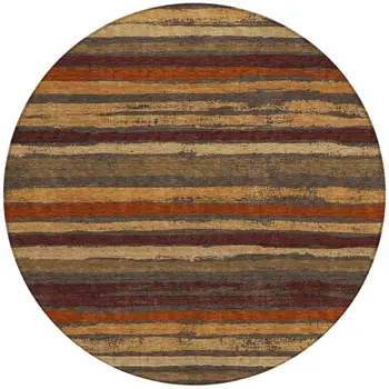 8' Chocolate Beige And Copper Round Striped Washable Indoor Outdoor Area Rug