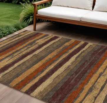 9' X 12' Chocolate Beige And Copper Striped Washable Indoor Outdoor Area Rug