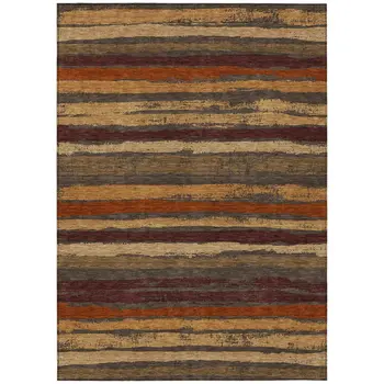 9' X 12' Chocolate Beige And Copper Striped Washable Indoor Outdoor Area Rug