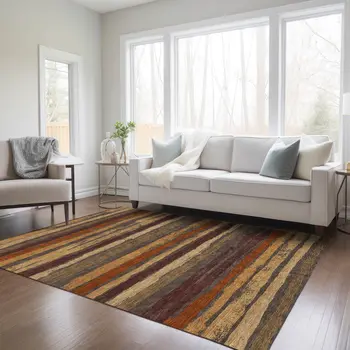 9' X 12' Chocolate Beige And Copper Striped Washable Indoor Outdoor Area Rug