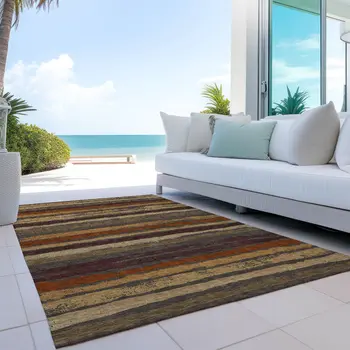 9' X 12' Chocolate Beige And Copper Striped Washable Indoor Outdoor Area Rug