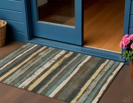 3' X 5' Brown Beige And Green Striped Washable Indoor Outdoor Area Rug