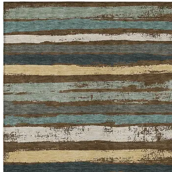 3' X 5' Brown Beige And Green Striped Washable Indoor Outdoor Area Rug