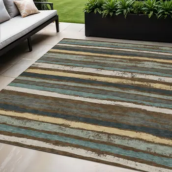 5' X 8' Brown Beige And Green Striped Washable Indoor Outdoor Area Rug