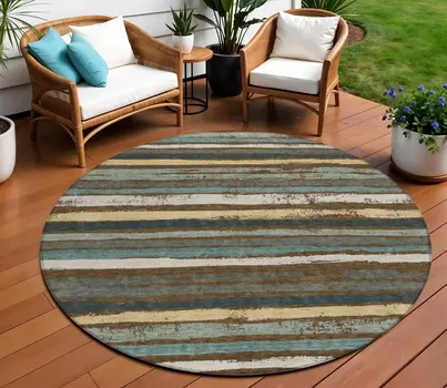 8' Brown Beige And Green Round Striped Washable Indoor Outdoor Area Rug