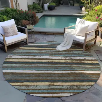 8' Brown Beige And Green Round Striped Washable Indoor Outdoor Area Rug