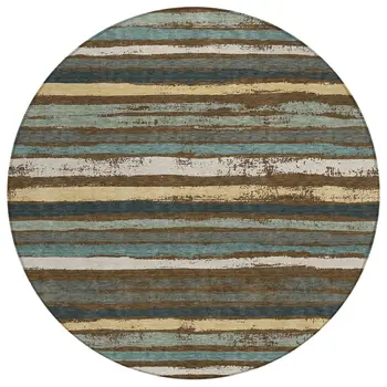 8' Brown Beige And Green Round Striped Washable Indoor Outdoor Area Rug