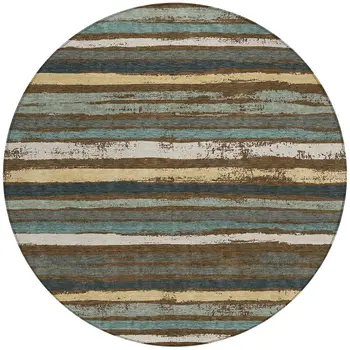 8' Brown Beige And Green Round Striped Washable Indoor Outdoor Area Rug