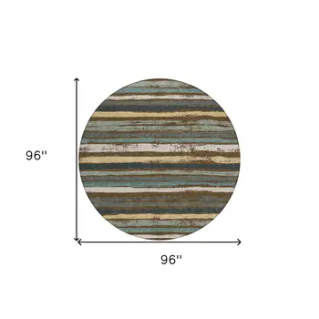 8' Brown Beige And Green Round Striped Washable Indoor Outdoor Area Rug
