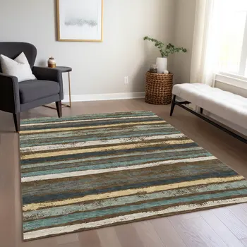8' X 10' Brown Beige And Green Striped Washable Indoor Outdoor Area Rug