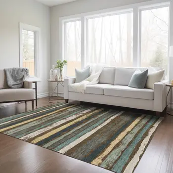 9' X 12' Brown Beige And Green Striped Washable Indoor Outdoor Area Rug