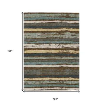 10' X 14' Brown Beige And Green Striped Washable Indoor Outdoor Area Rug
