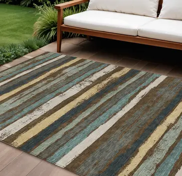 10' X 14' Brown Beige And Green Striped Washable Indoor Outdoor Area Rug