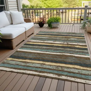 10' X 14' Brown Beige And Green Striped Washable Indoor Outdoor Area Rug