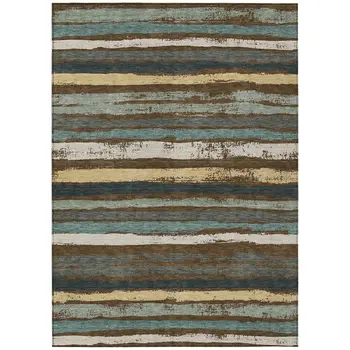 10' X 14' Brown Beige And Green Striped Washable Indoor Outdoor Area Rug