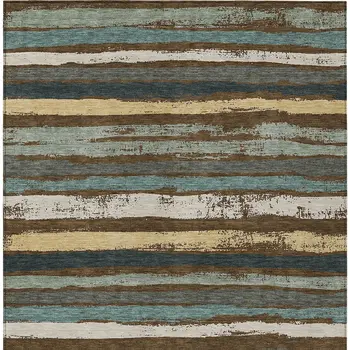 10' X 14' Brown Beige And Green Striped Washable Indoor Outdoor Area Rug