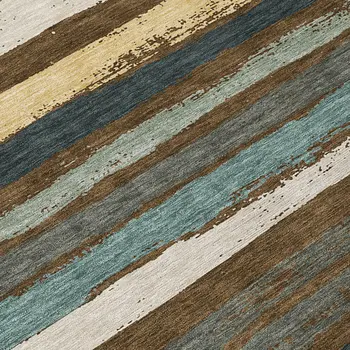 10' X 14' Brown Beige And Green Striped Washable Indoor Outdoor Area Rug