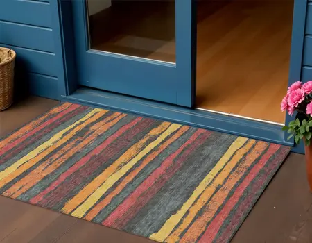 3' X 5' Granite Gray Copper And Yellow Striped Washable Indoor Outdoor Area Rug
