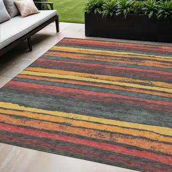 5' X 8' Granite Gray Copper And Yellow Striped Washable Indoor Outdoor Area Rug