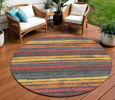8' Granite Gray Copper And Yellow Round Striped Washable Indoor Outdoor Area Rug