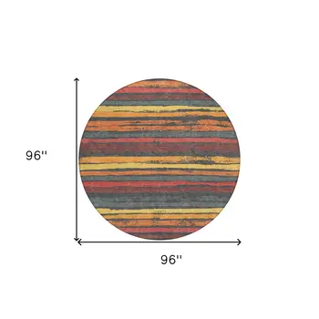 8' Granite Gray Copper And Yellow Round Striped Washable Indoor Outdoor Area Rug
