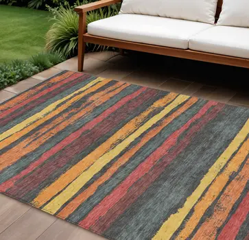 8' X 10' Granite Gray Copper And Yellow Striped Washable Indoor Outdoor Area Rug