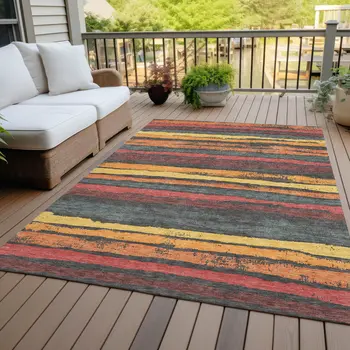 9' X 12' Granite Gray Copper And Yellow Striped Washable Indoor Outdoor Area Rug