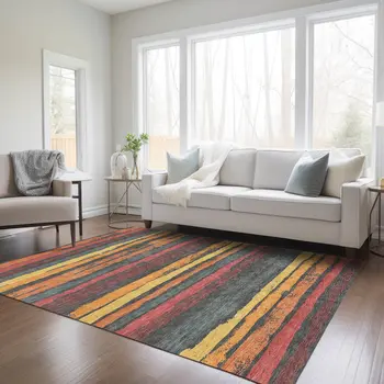 9' X 12' Granite Gray Copper And Yellow Striped Washable Indoor Outdoor Area Rug