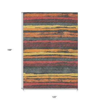 10' X 14' Granite Gray Copper And Yellow Striped Washable Indoor Outdoor Area Rug