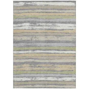 5' X 8' Gray Ivory And Green Striped Washable Indoor Outdoor Area Rug
