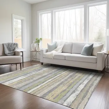 5' X 8' Gray Ivory And Green Striped Washable Indoor Outdoor Area Rug