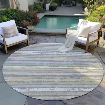 8' Gray Ivory And Green Round Striped Washable Indoor Outdoor Area Rug