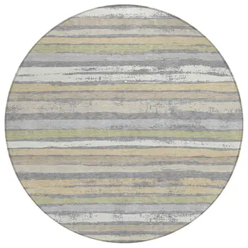 8' Gray Ivory And Green Round Striped Washable Indoor Outdoor Area Rug