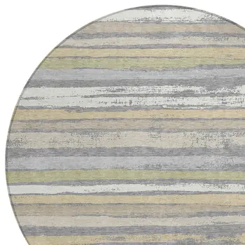 8' Gray Ivory And Green Round Striped Washable Indoor Outdoor Area Rug