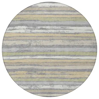 8' Gray Ivory And Green Round Striped Washable Indoor Outdoor Area Rug