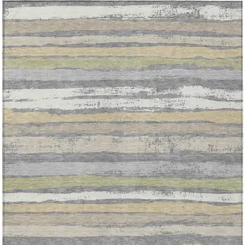 8' X 10' Gray Ivory And Green Striped Washable Indoor Outdoor Area Rug