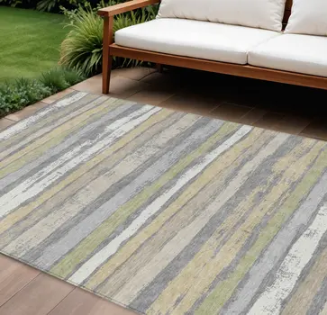8' X 10' Gray Ivory And Green Striped Washable Indoor Outdoor Area Rug