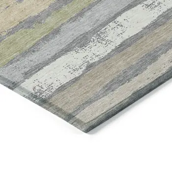 8' X 10' Gray Ivory And Green Striped Washable Indoor Outdoor Area Rug
