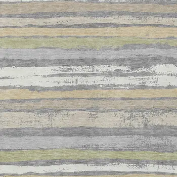 9' X 12' Gray Ivory And Green Striped Washable Indoor Outdoor Area Rug