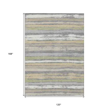 10' X 14' Gray Ivory And Green Striped Washable Indoor Outdoor Area Rug