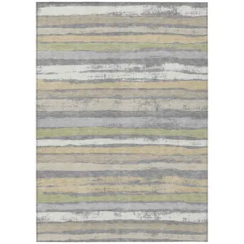 10' X 14' Gray Ivory And Green Striped Washable Indoor Outdoor Area Rug