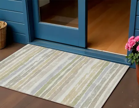 3' X 5' Ivory Beige And Green Striped Washable Indoor Outdoor Area Rug