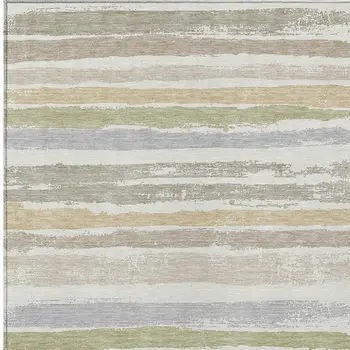 3' X 5' Ivory Beige And Green Striped Washable Indoor Outdoor Area Rug