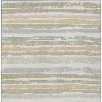 8' X 10' Ivory Beige And Green Striped Washable Indoor Outdoor Area Rug