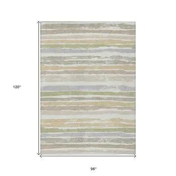 8' X 10' Ivory Beige And Green Striped Washable Indoor Outdoor Area Rug