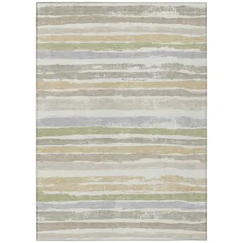 8' X 10' Ivory Beige And Green Striped Washable Indoor Outdoor Area Rug
