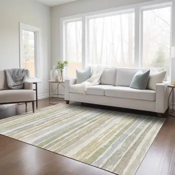 8' X 10' Ivory Beige And Green Striped Washable Indoor Outdoor Area Rug
