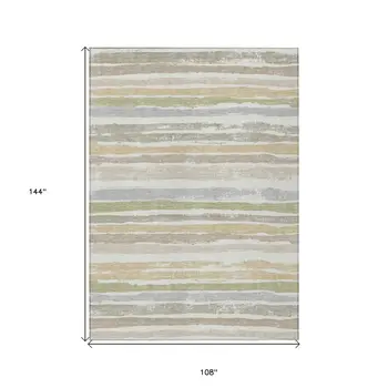 9' X 12' Ivory Beige And Green Striped Washable Indoor Outdoor Area Rug